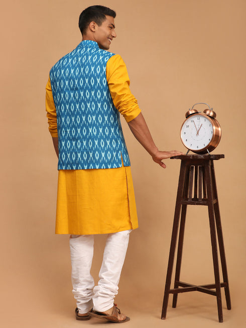 Vastramay Men's Turquoise Ikkat Printed Cotton Nehru Jacket With Mustard Kurta And White Pyjama Set